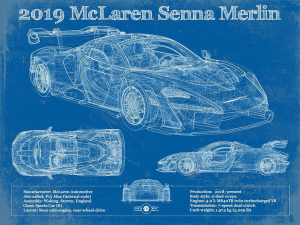 14" x 11" / Unframed Cutler West 2019 Mclaren Senna Merlin Vintage Blueprint Auto Print