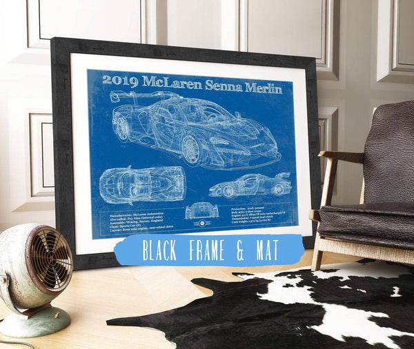 20" x 16" / Black Frame & Mat Cutler West 2019 Mclaren Senna Merlin Vintage Blueprint Auto Print