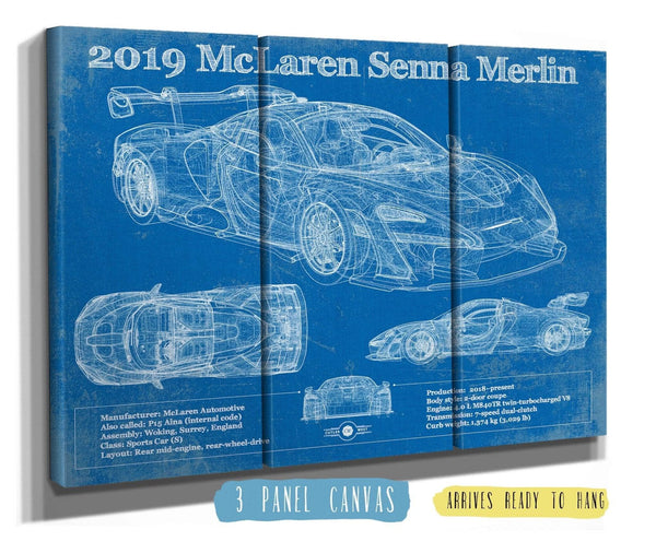 36" x 24" / 3 Panel Canvas Wrap Cutler West 2019 Mclaren Senna Merlin Vintage Blueprint Auto Print