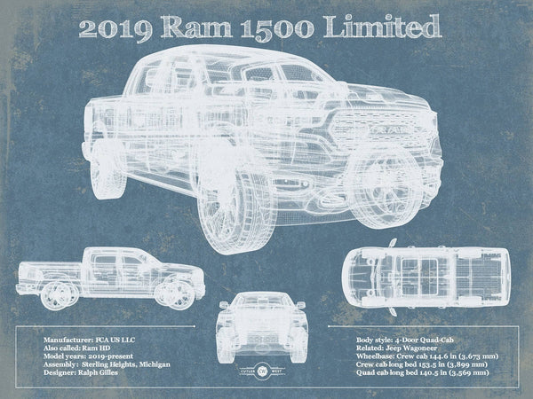 14" x 11" / Unframed Cutler West 2019 Ram 1500 Limited Vintage Blueprint Auto Print