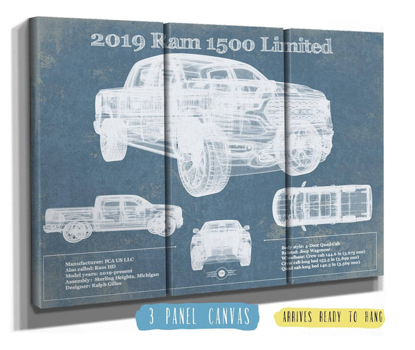 36" x 24" / 3 Panel Canvas Wrap Cutler West 2019 Ram 1500 Limited Vintage Blueprint Auto Print