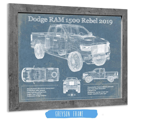 14" x 11" / Greyson Frame Cutler West 2019 Ram 1500 Rebel Vintage Blueprint Auto Print