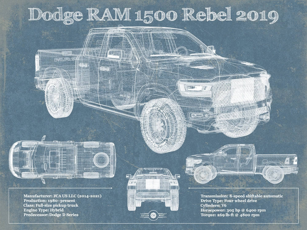 14" x 11" / Stretched Canvas Wrap Cutler West 2019 Ram 1500 Rebel Vintage Blueprint Auto Print