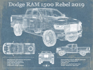 14" x 11" / Unframed Cutler West 2019 Ram 1500 Rebel Vintage Blueprint Auto Print