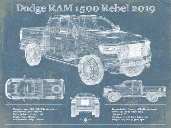 14" x 11" / Unframed Cutler West 2019 Ram 1500 Rebel Vintage Blueprint Auto Print