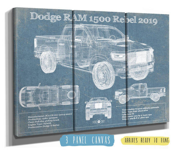 36" x 24" / 3 Panel Canvas Wrap Cutler West 2019 Ram 1500 Rebel Vintage Blueprint Auto Print