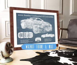 20" x 16" / Walnut Frame & Mat Cutler West 2020 Bentley Continental Gt Convertible Vintage Blueprint Auto Print