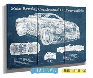 36" x 24" / 3 Panel Canvas Wrap Cutler West 2020 Bentley Continental Gt Convertible Vintage Blueprint Auto Print