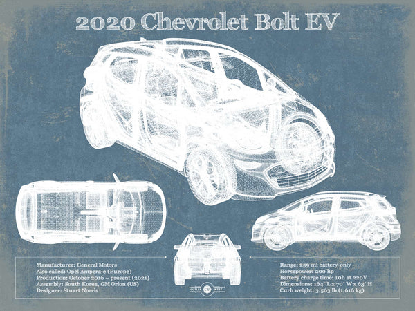 14" x 11" / Unframed Cutler West 2020 Chevy Bolt EV Blueprint Vintage Auto Print