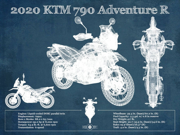 14" x 11" / Unframed Cutler West 2020 Ktm 790 Adventure R Vintage Blueprint Auto Print
