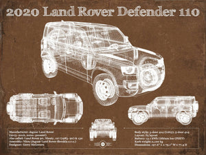 14" x 11" / Unframed Cutler West 2020 Land Rover Defender 110 Vintage Blueprint Auto Print