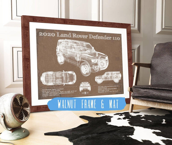 20" x 16" / Walnut Frame & Mat Cutler West 2020 Land Rover Defender 110 Vintage Blueprint Auto Print