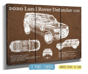 36" x 24" / 3 Panel Canvas Wrap Cutler West 2020 Land Rover Defender 110 Vintage Blueprint Auto Print