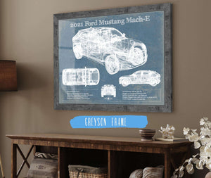 14" x 11" / Greyson Frame Cutler West 2021 Ford Mustang Mach-E SUV Blueprint Vintage Auto Print