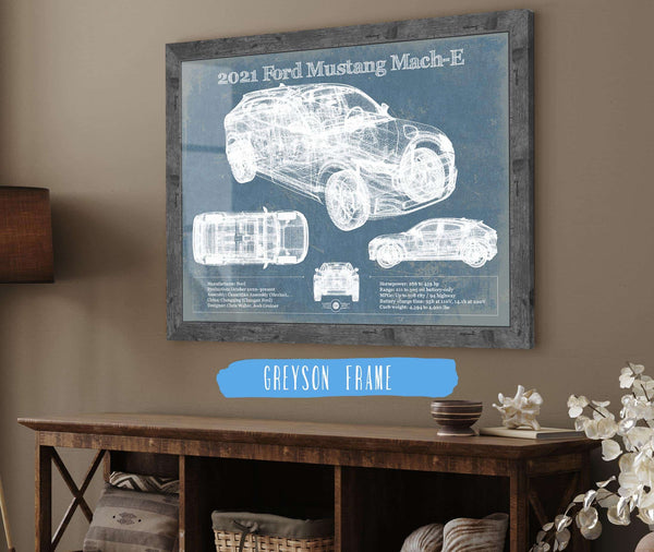 14" x 11" / Greyson Frame Cutler West 2021 Ford Mustang Mach-E SUV Blueprint Vintage Auto Print