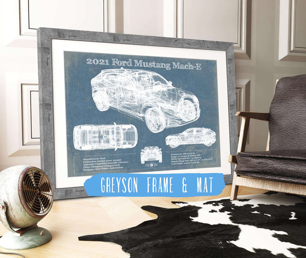 14" x 11" / Greyson Frame & Mat Cutler West 2021 Ford Mustang Mach-E SUV Blueprint Vintage Auto Print