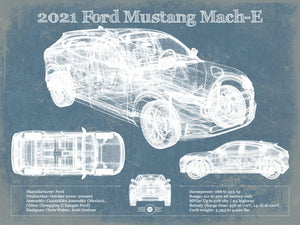 14" x 11" / Unframed Cutler West 2021 Ford Mustang Mach-E SUV Blueprint Vintage Auto Print