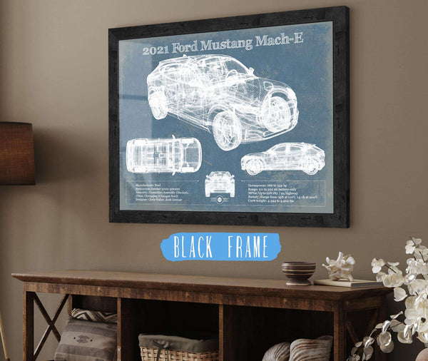 20" x 16" / Black Frame Cutler West 2021 Ford Mustang Mach-E SUV Blueprint Vintage Auto Print