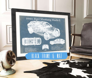 20" x 16" / Black Frame & Mat Cutler West 2021 Ford Mustang Mach-E SUV Blueprint Vintage Auto Print