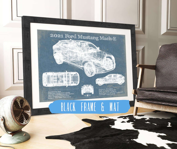 20" x 16" / Black Frame & Mat Cutler West 2021 Ford Mustang Mach-E SUV Blueprint Vintage Auto Print