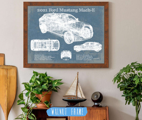 20" x 16" / Walnut Frame Cutler West 2021 Ford Mustang Mach-E SUV Blueprint Vintage Auto Print
