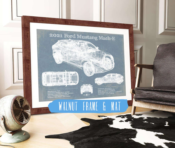 20" x 16" / Walnut Frame & Mat Cutler West 2021 Ford Mustang Mach-E SUV Blueprint Vintage Auto Print