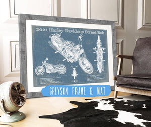 14" x 11" / Greyson Frame & Mat Cutler West 2021 Harley-Davidson Street Bob 114 Blueprint Motorcycle Patent Print
