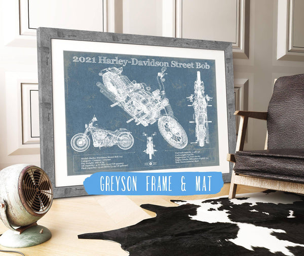 14" x 11" / Greyson Frame & Mat Cutler West 2021 Harley-Davidson Street Bob 114 Blueprint Motorcycle Patent Print