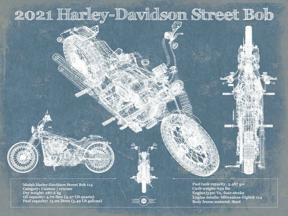 14" x 11" / Stretched Canvas Wrap Cutler West 2021 Harley-Davidson Street Bob 114 Blueprint Motorcycle Patent Print