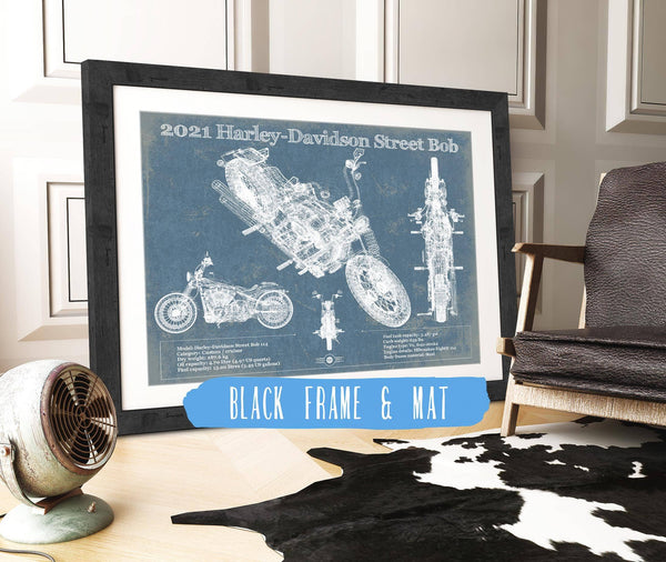 20" x 16" / Black Frame & Mat Cutler West 2021 Harley-Davidson Street Bob 114 Blueprint Motorcycle Patent Print