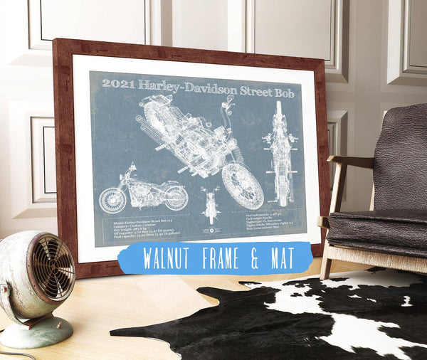 20" x 16" / Walnut Frame & Mat Cutler West 2021 Harley-Davidson Street Bob 114 Blueprint Motorcycle Patent Print
