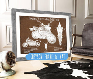 14" x 11" / Greyson Frame & Mat Cutler West 2021 Yamaha Mt 09 Vintage Blueprint Auto Print
