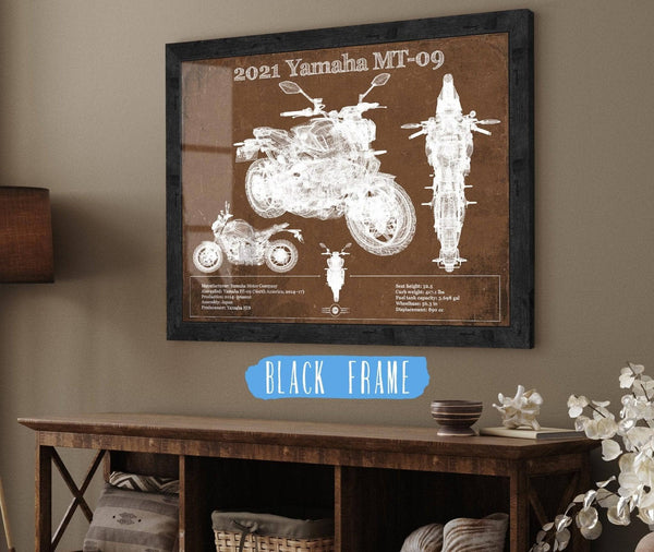 20" x 16" / Black Frame Cutler West 2021 Yamaha Mt 09 Vintage Blueprint Auto Print