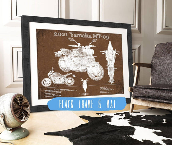 20" x 16" / Black Frame & Mat Cutler West 2021 Yamaha Mt 09 Vintage Blueprint Auto Print