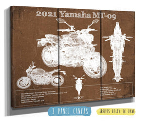 36" x 24" / 3 Panel Canvas Wrap Cutler West 2021 Yamaha Mt 09 Vintage Blueprint Auto Print