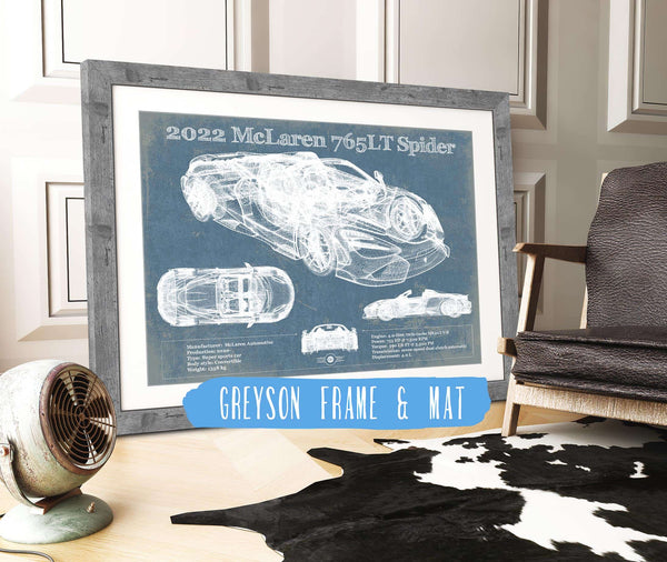 14" x 11" / Greyson Frame & Mat Cutler West 2022 McLaren 765LT Spider Blueprint Vintage Auto Print