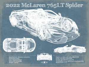 14" x 11" / Unframed Cutler West 2022 McLaren 765LT Spider Blueprint Vintage Auto Print