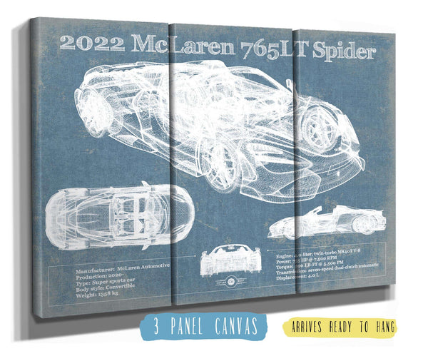 36" x 24" / 3 Panel Canvas Wrap Cutler West 2022 McLaren 765LT Spider Blueprint Vintage Auto Print