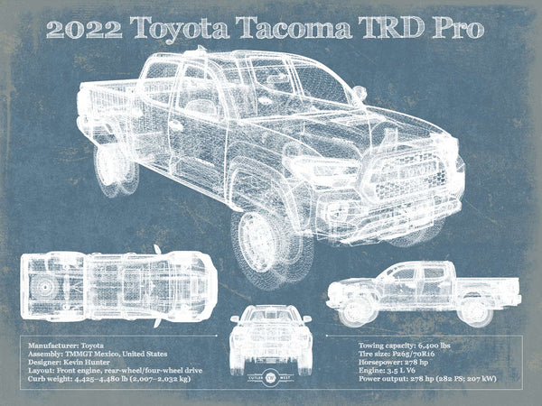 14" x 11" / Unframed Cutler West 2022 Toyota Tacoma TRD Pro Blueprint Vintage Auto Print
