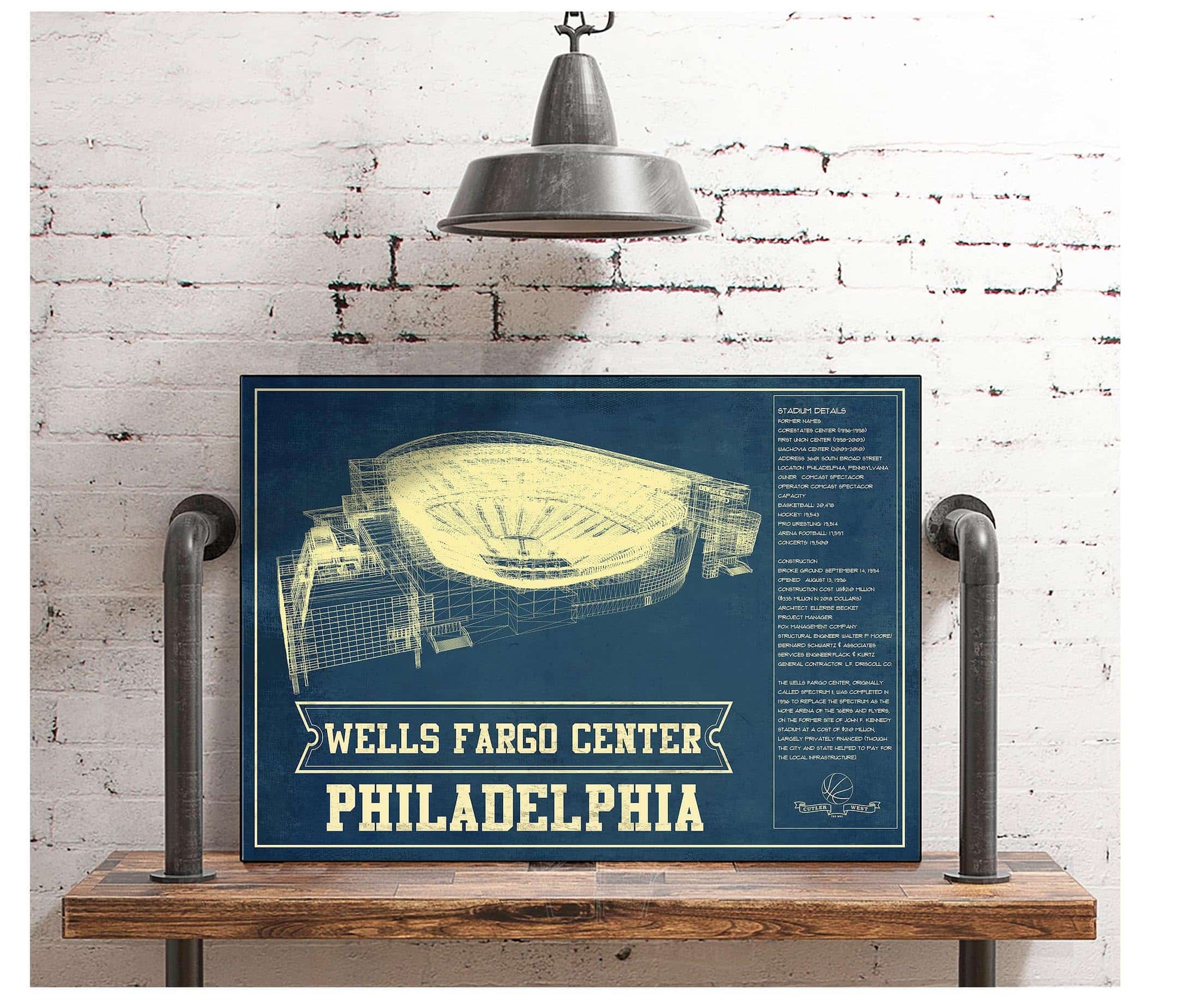 Cutler West Philadelphia 76ers - Wells Fargo Center Vintage Basketball Blueprint NBA Print