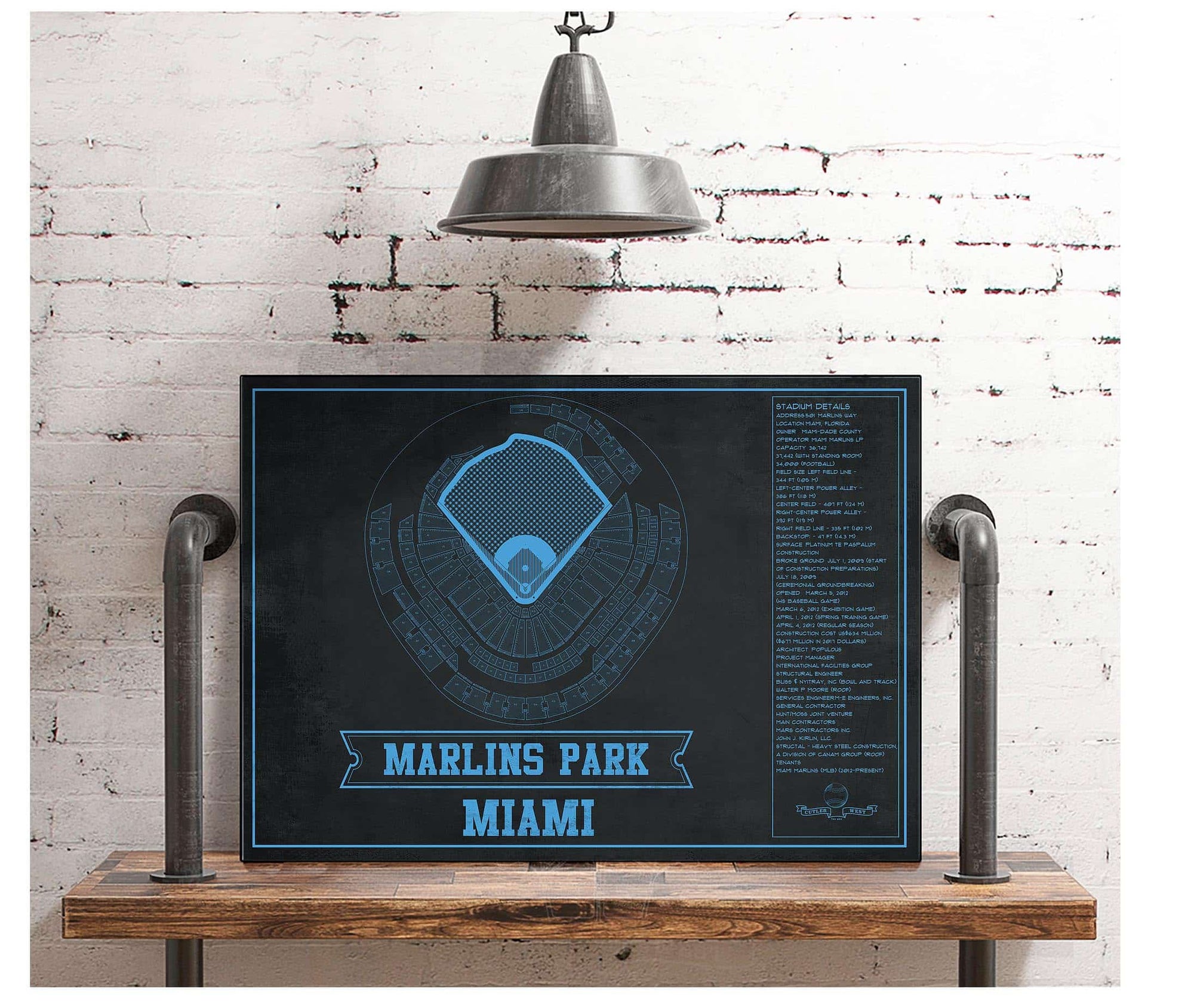 Cutler West Miami Marlins - Marlin Park Blueprint - Vintage Baseball Fan Team Color Print