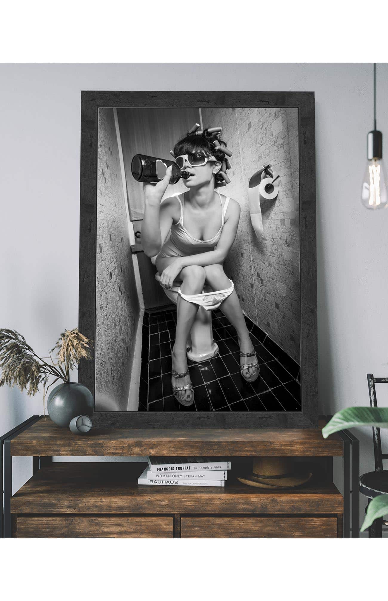 Vintage Poster Series Toilet Humor - Girl Drinking on Toilet Vintage Framed Print