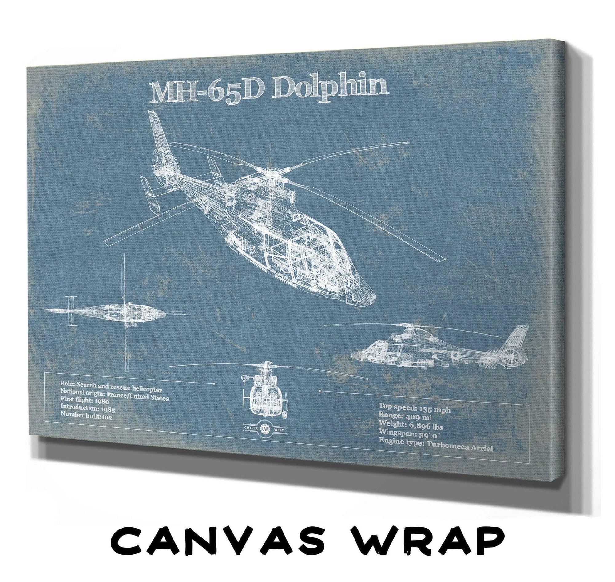 MH-65D Dolphin Helicopter Vintage Aviation Blueprint Military Print