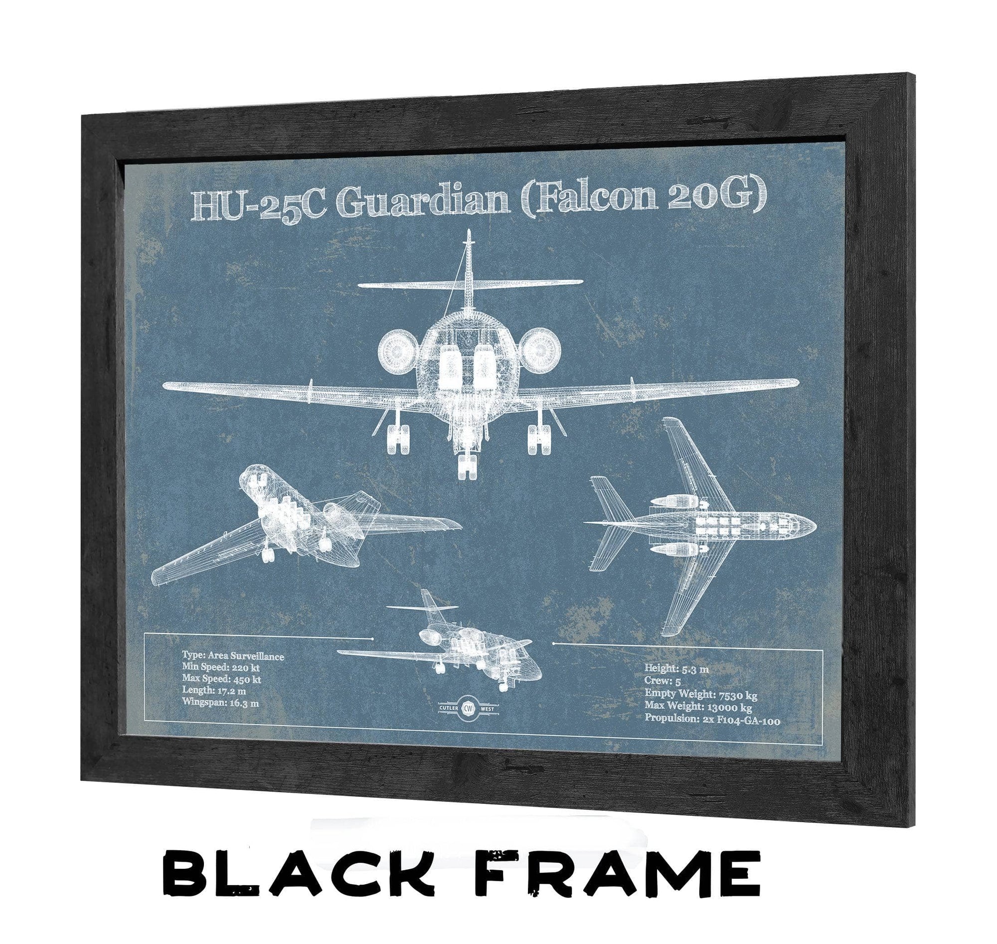 HU-25C Guardian (Falcon 20G) Vintage Aviation Blueprint Print - Custom Pilot Name can be Added