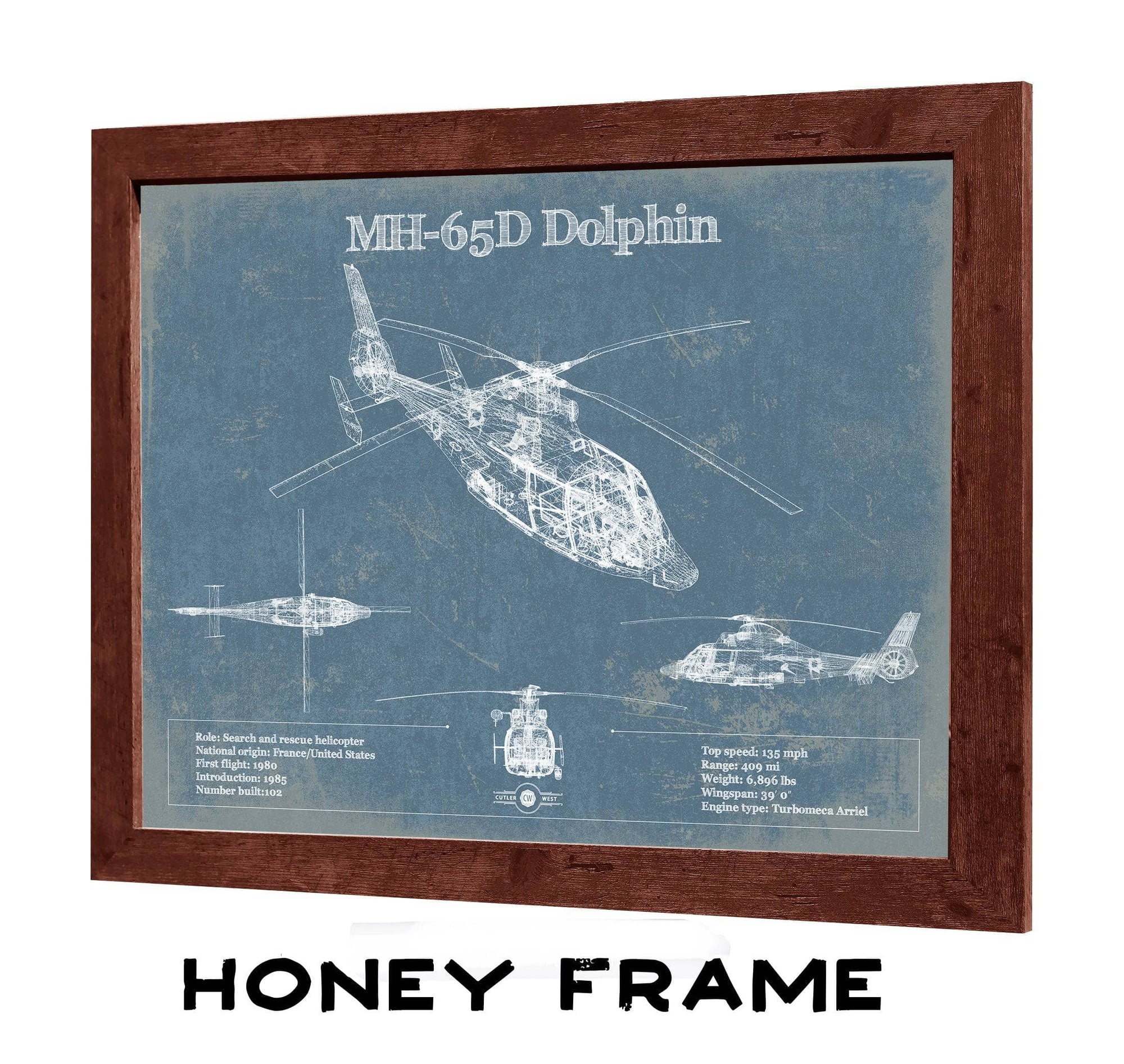 MH-65D Dolphin Helicopter Vintage Aviation Blueprint Military Print
