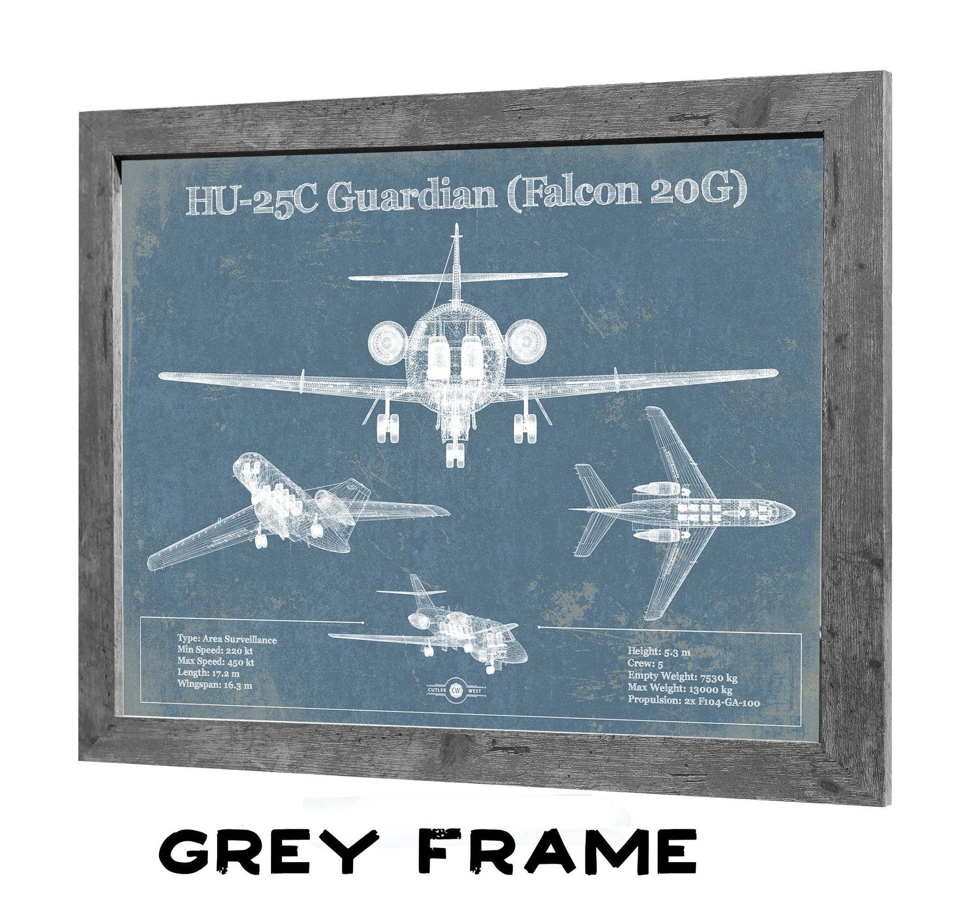 HU-25C Guardian (Falcon 20G) Vintage Aviation Blueprint Print - Custom Pilot Name can be Added