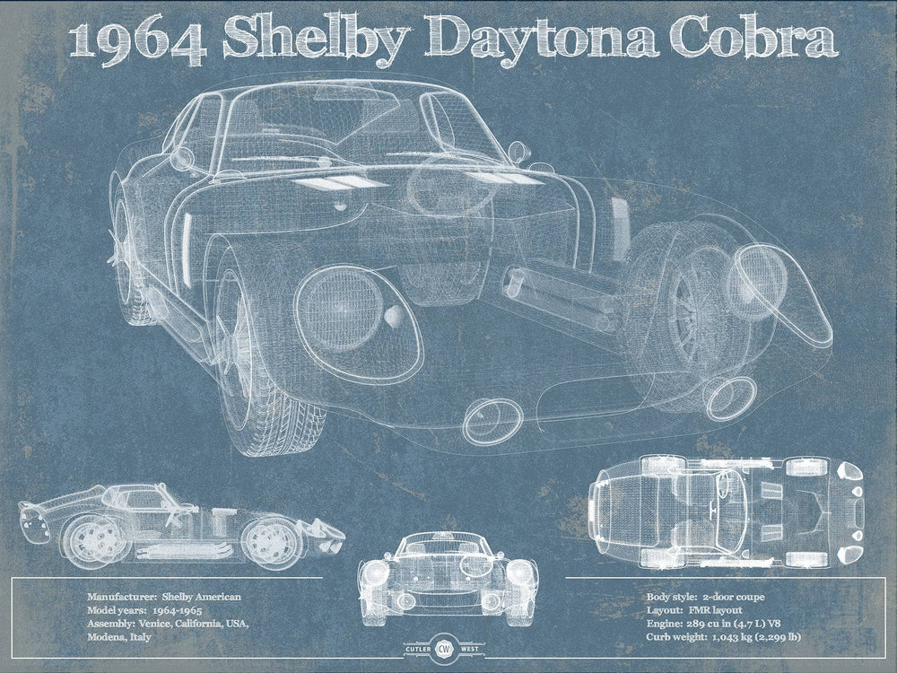 14" x 11" / Stretched Canvas Wrap Cutler West 64' Shelby Cobra Daytona Blueprint Vintage Auto Print