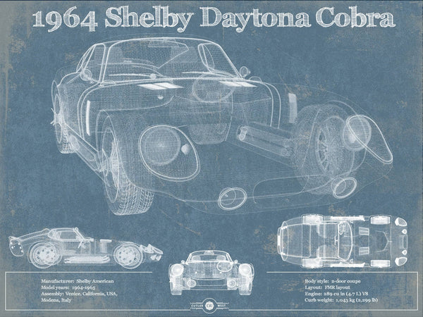14" x 11" / Unframed Cutler West 64' Shelby Cobra Daytona Blueprint Vintage Auto Print