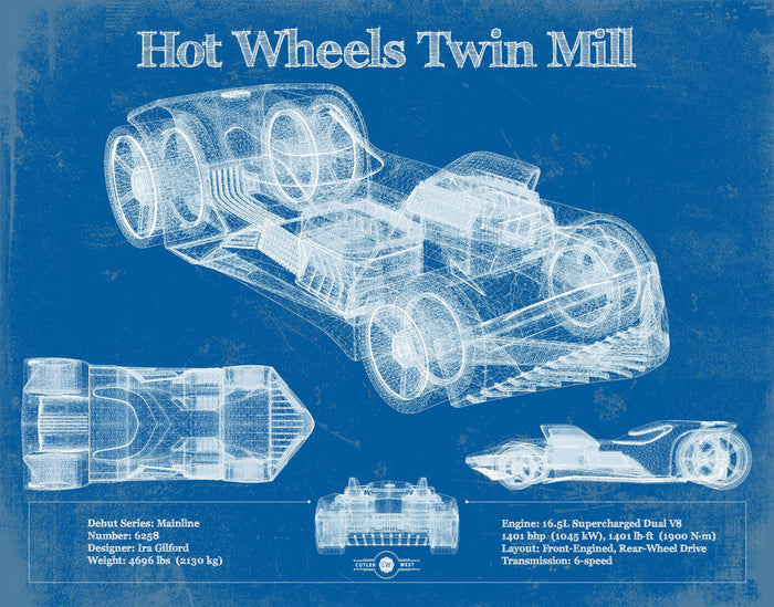 Cutler West Hot Wheels Twin Mill Blueprint Vintage Auto Print