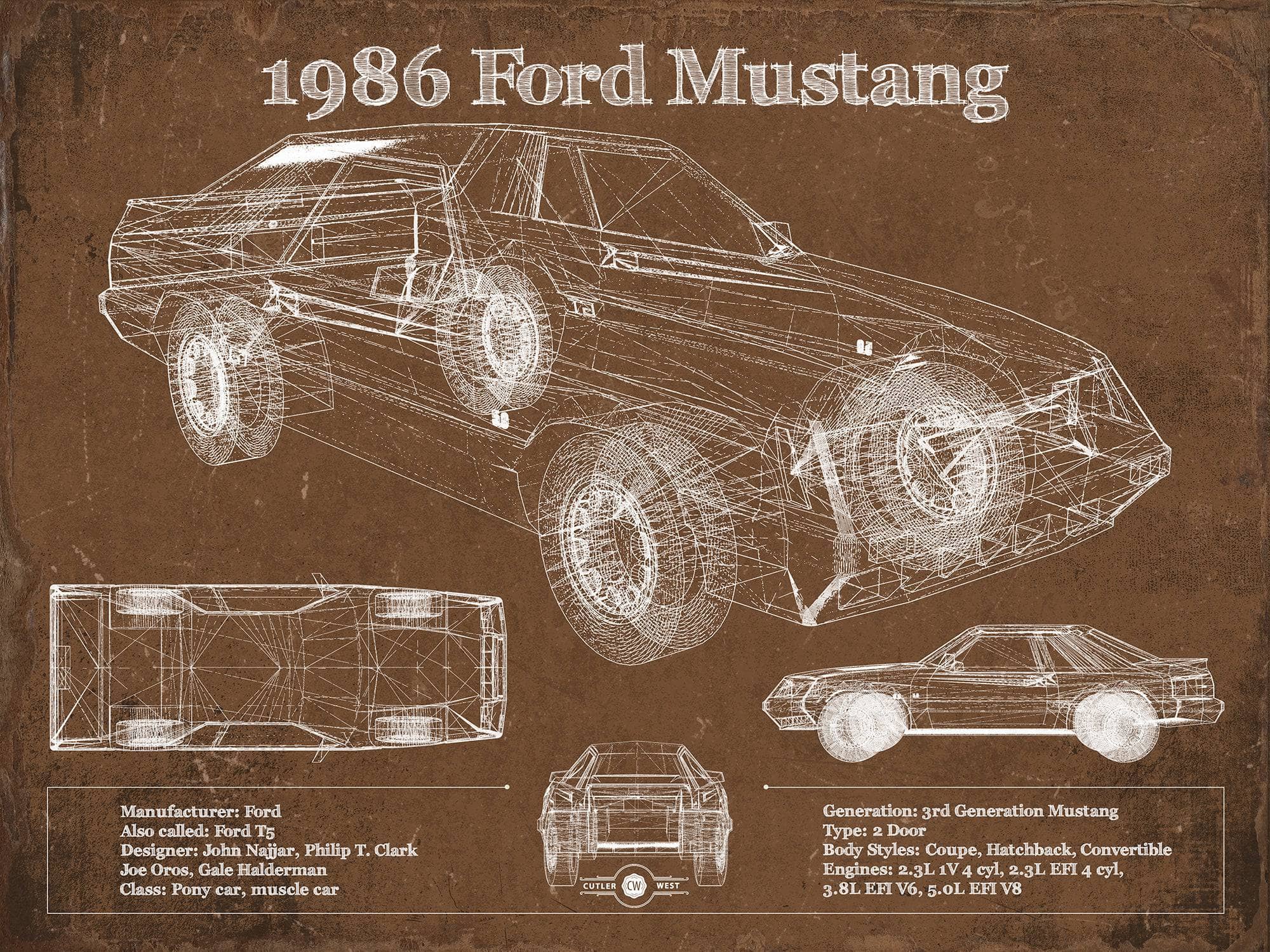 Cutler West Ford Collection 1986 Ford Mustang GT Blueprint Vintage Auto Print